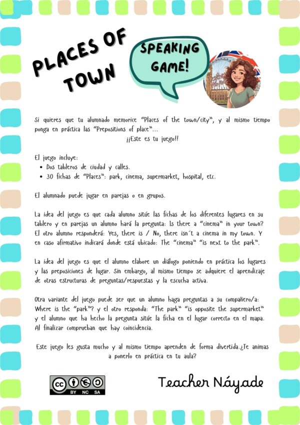 SPEAKING GAME- PLACES IN TOWN + PREPOSITIONS