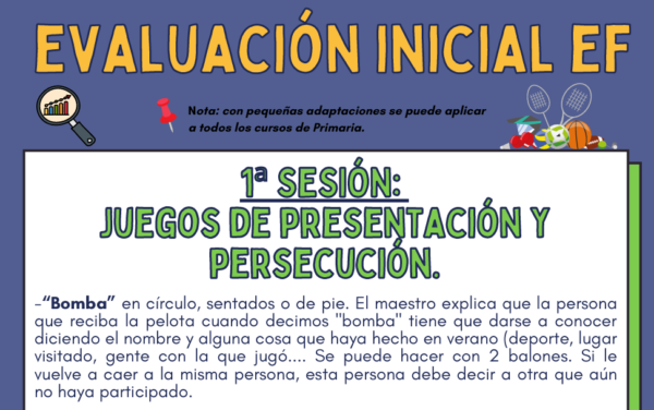 EVALUACIÓN INICIAL EF multinivel de Primaria (de 1º a 6º). 4 sesiones con 6 juegos por sesión y rúbrica para evaluar.