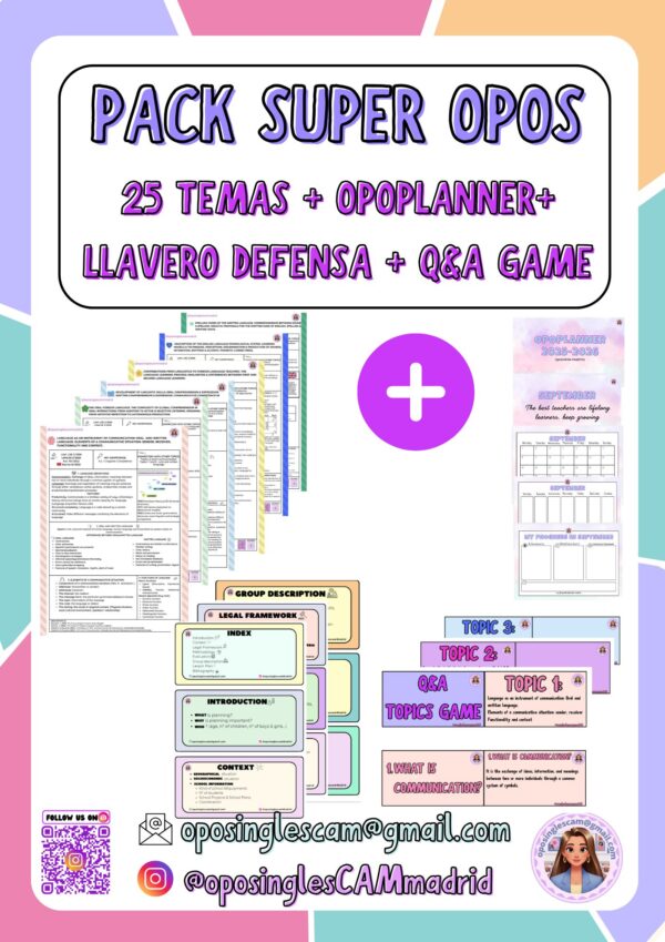 🎯 SUPER OPOS INGLÉS 🎯 (PACK SUMMARIES+JUEGO Q&A TEMAS+ LLAVERO+OPOPLANNER) (Maestros inglés)