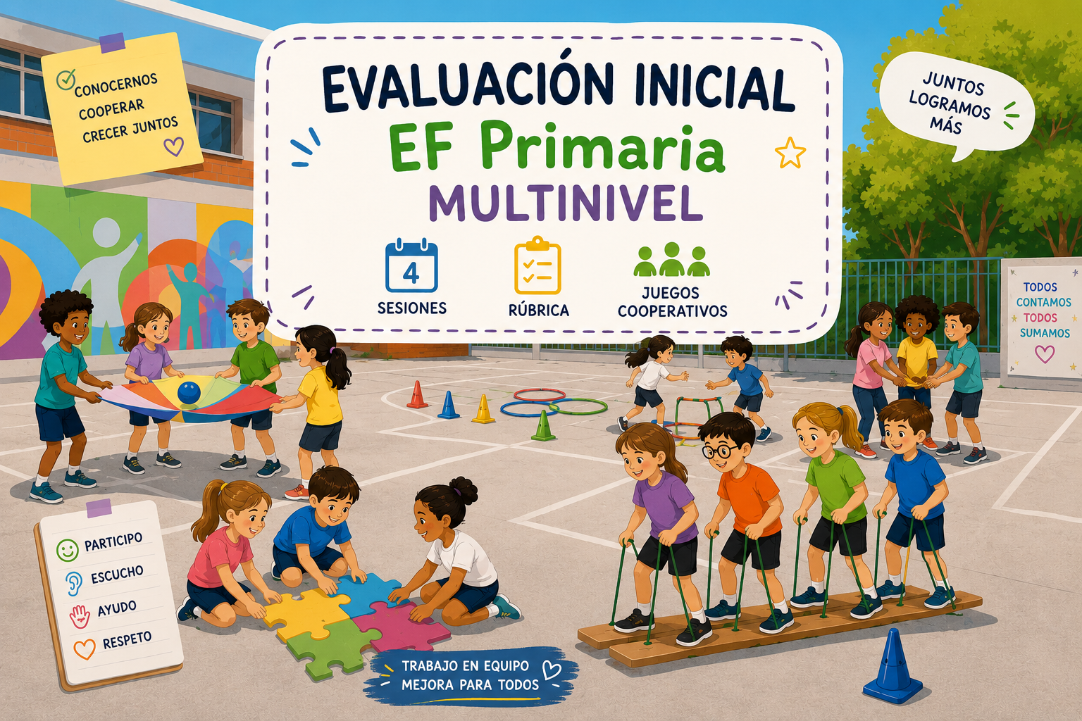 EVALUACIÓN INICIAL EF multinivel de Primaria (de 1º a 6º). 4 sesiones con 6 juegos por sesión y rúbrica para evaluar.