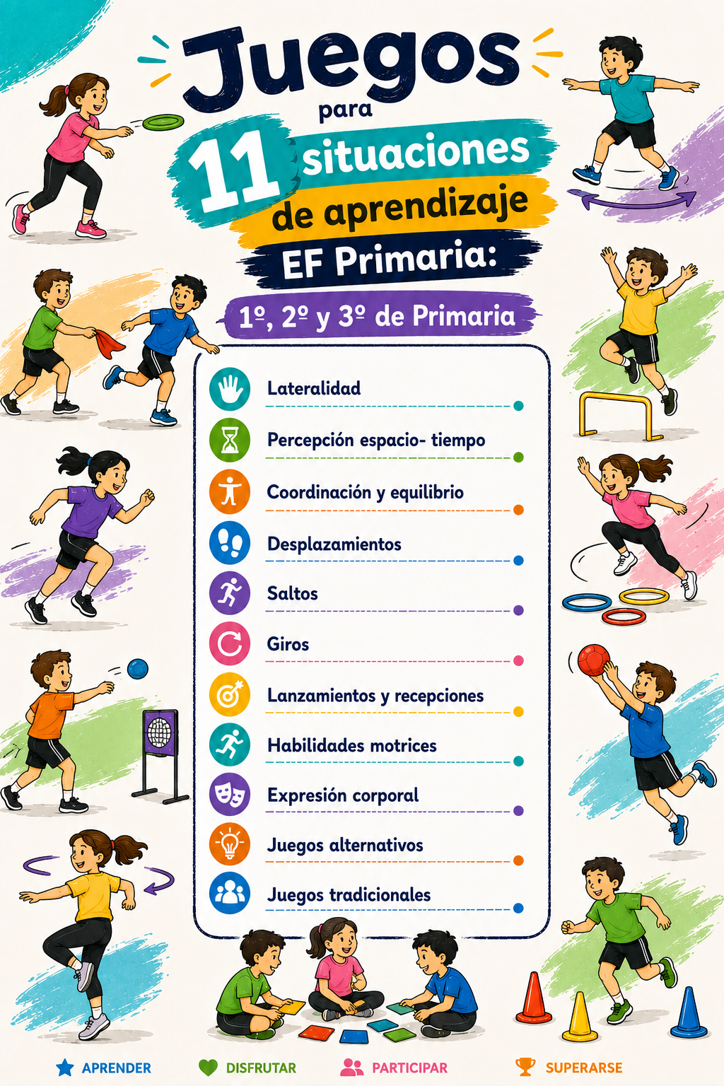 JUEGOS de EF para 11 unidades didácticas de 1º, 2º y 3º de Primaria.