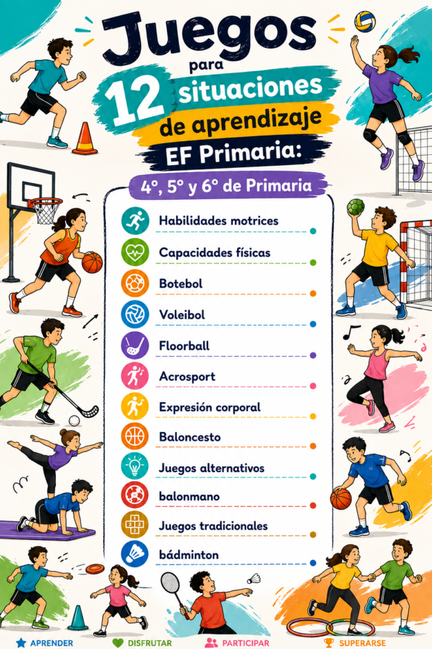 JUEGOS de EF para 12 unidades didácticas de 4º, 5º y 6º de Primaria.